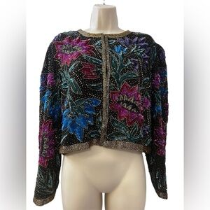 Night Vogue Women’s Vintage Floral Sequin Beaded Silk Jacket Black Multicolor M